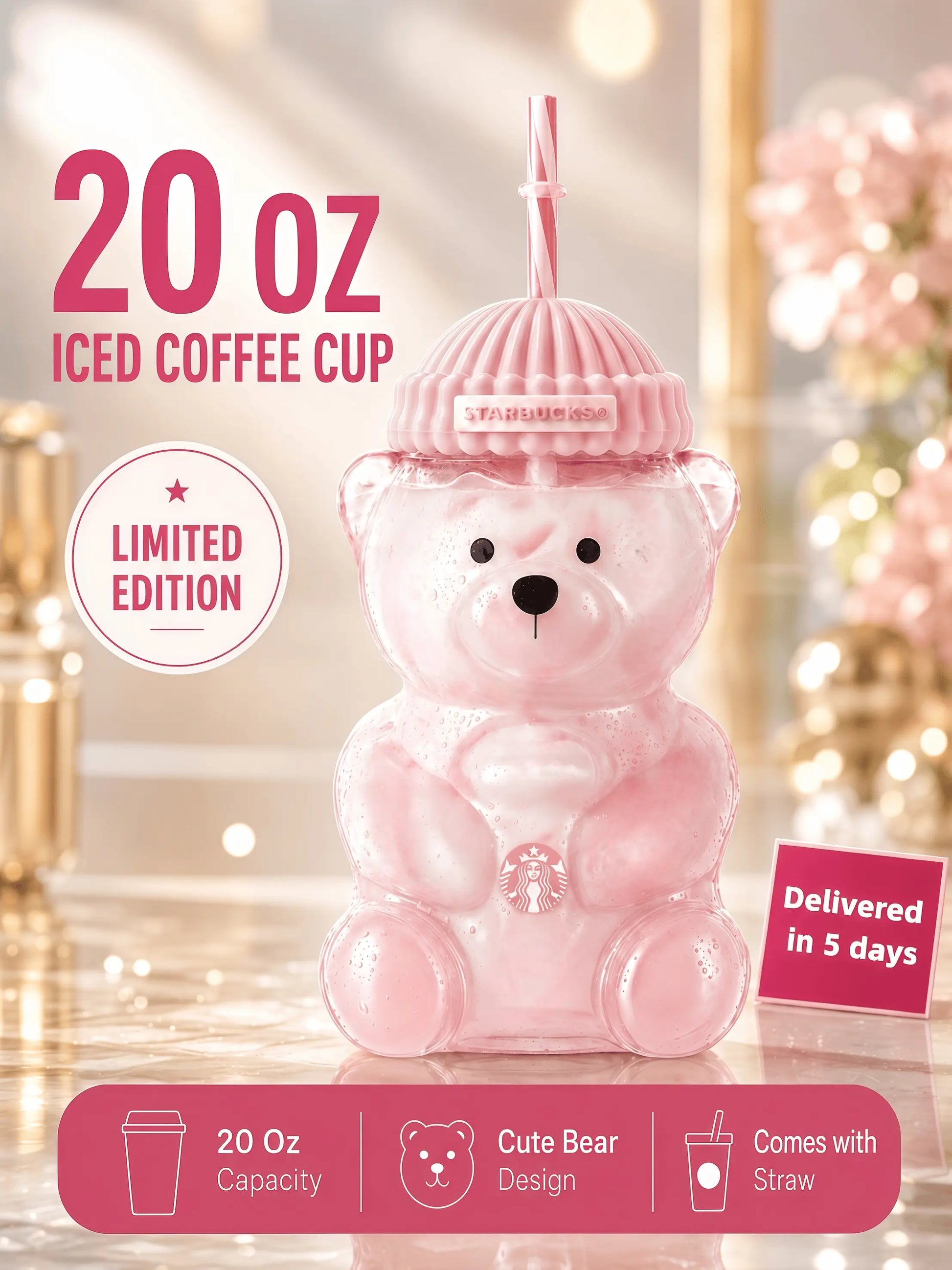 Limited Edition Pink Bear Glass Tumbler (20 oz / 590 ml) - Cute Barista Bear Drinking Cup for Coffee, Tea & Cold Beverages