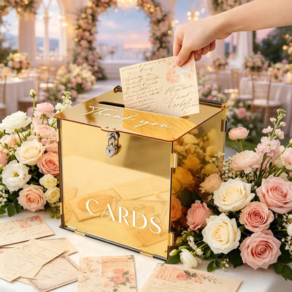Acrylic Gold Mirror Wedding Card Box with Heart Lock - Elegant Large Gift Card Holder for Weddings, Birthdays, Baby Showers, and Bridal Events