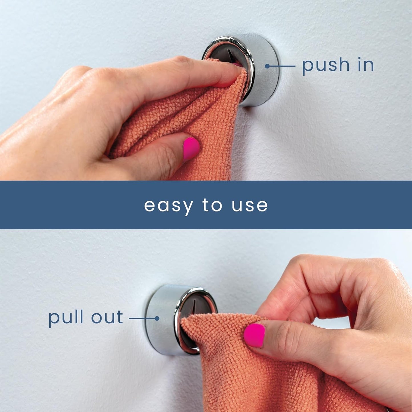 Self-Adhesive Push Towel Hooks (4-Pack) - Heavy-Duty Wall Hooks with Dual Installation for Kitchen, Bathroom, Garage & Home Organization
