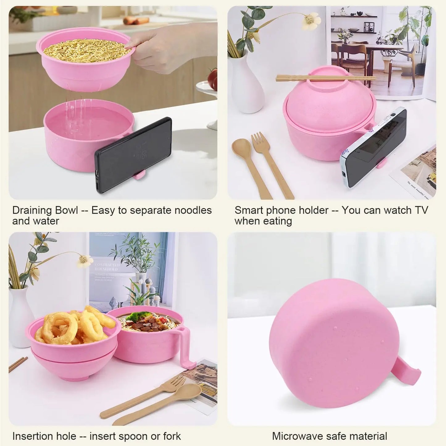 Microwave Ramen Cooker Bowl Set - Instant Noodle Bowl with Lid, Chopsticks & Spoon for Quick Meals, College Dorm & Home