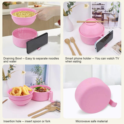 Microwave Ramen Cooker Bowl Set - Instant Noodle Bowl with Lid, Chopsticks & Spoon for Quick Meals, College Dorm & Home
