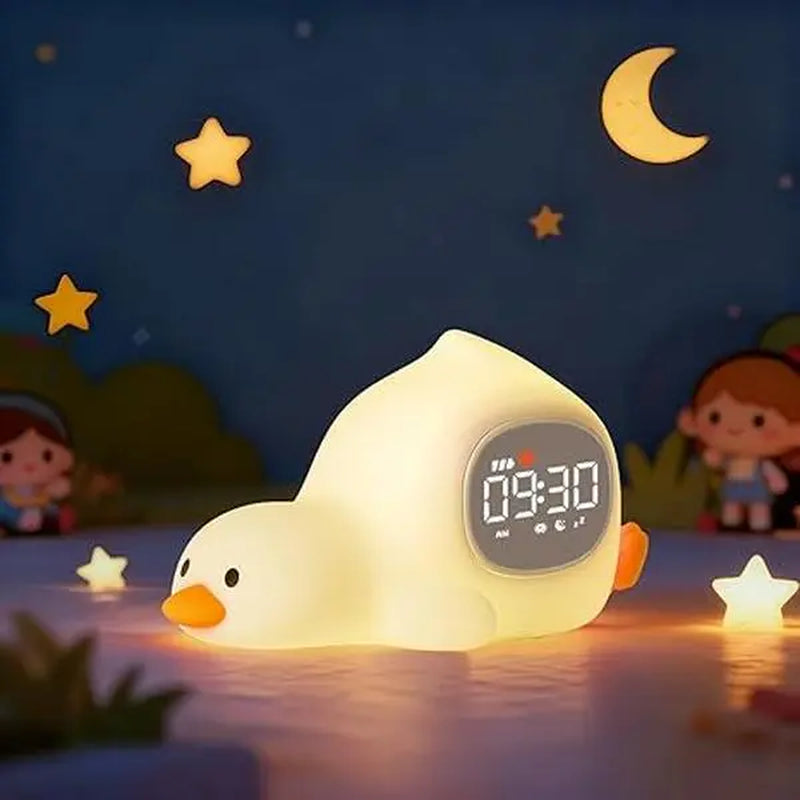 Lying Duck Kids' Sleep Trainer Alarm Clock with Silicone Night Light - Rechargeable Toddler Bedside Clock with White Noise, Dual Alarms & Snooze for Better Sleep