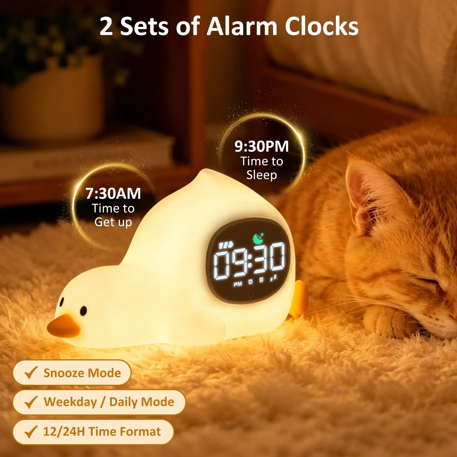 Lying Duck Kids' Sleep Trainer Alarm Clock with Silicone Night Light - Rechargeable Toddler Bedside Clock with White Noise, Dual Alarms & Snooze for Better Sleep