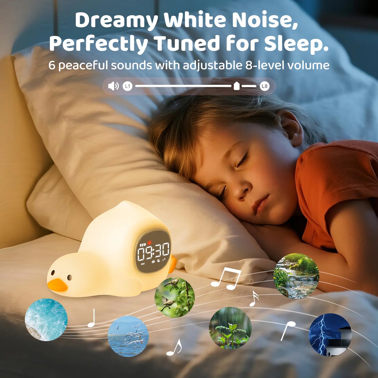 Lying Duck Kids' Sleep Trainer Alarm Clock with Silicone Night Light - Rechargeable Toddler Bedside Clock with White Noise, Dual Alarms & Snooze for Better Sleep