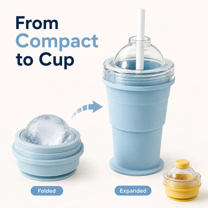 2-in-1 Collapsible Silicone Ice Cup with Built-In Straw - Reusable Ice Ball Mold & Leak-Resistant Travel Tumbler for Iced Coffee, Smoothies & Cold Drinks