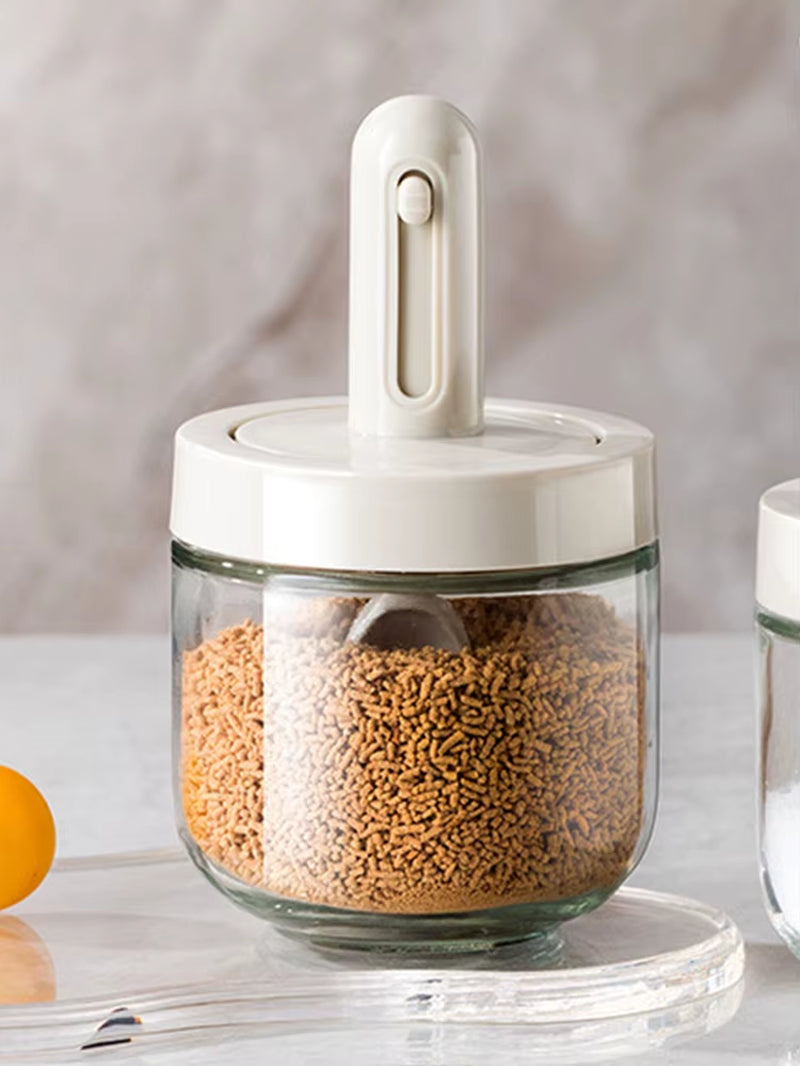 Glass Spice Jar with Lid & Retractable Spoon - Airtight Seasoning Container for Salt, Sugar, Spices & Kitchen Storage