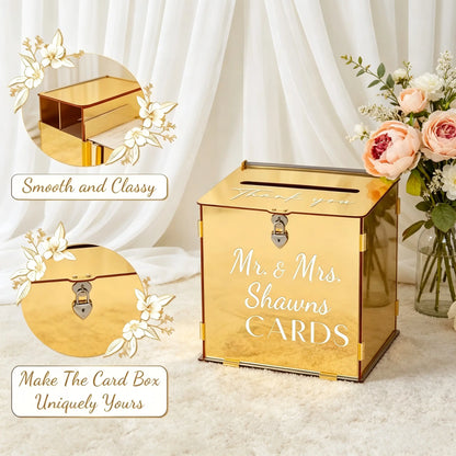 Acrylic Gold Mirror Wedding Card Box with Heart Lock - Elegant Large Gift Card Holder for Weddings, Birthdays, Baby Showers, and Bridal Events