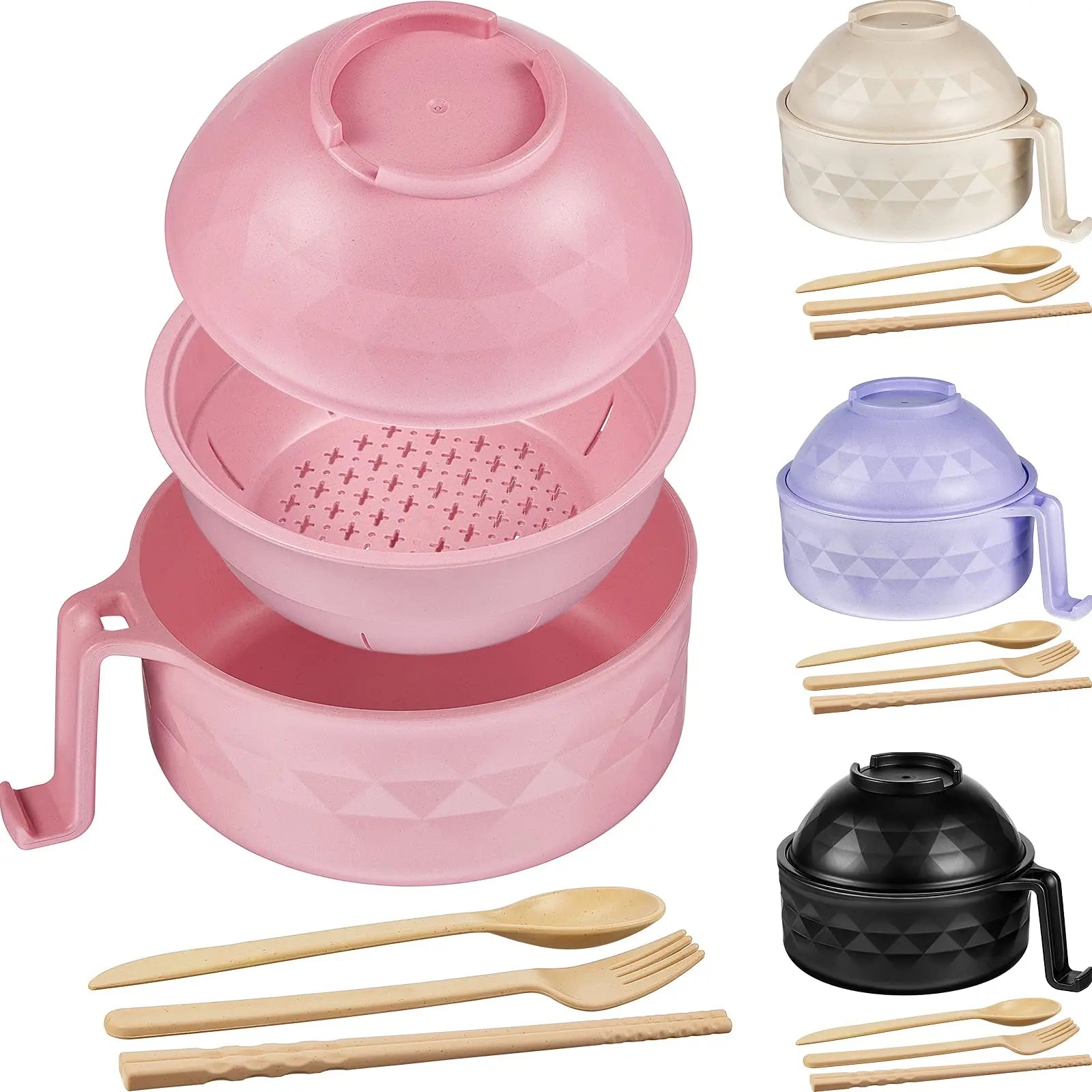 Microwave Ramen Cooker Bowl Set - Instant Noodle Bowl with Lid, Chopsticks & Spoon for Quick Meals, College Dorm & Home