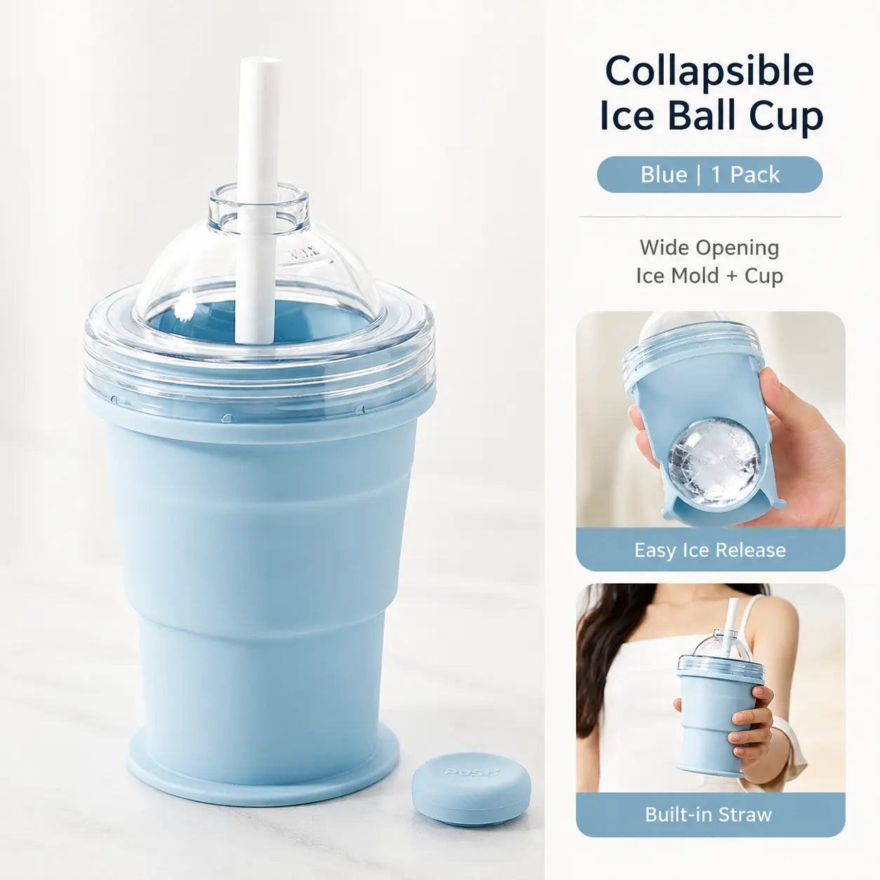 2-in-1 Collapsible Silicone Ice Cup with Built-In Straw - Reusable Ice Ball Mold & Leak-Resistant Travel Tumbler for Iced Coffee, Smoothies & Cold Drinks