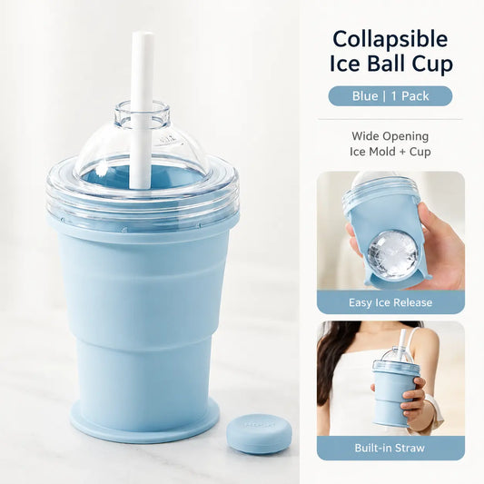 2-in-1 Collapsible Silicone Ice Cup with Built-In Straw - Reusable Ice Ball Mold & Leak-Resistant Travel Tumbler for Iced Coffee, Smoothies & Cold Drinks
