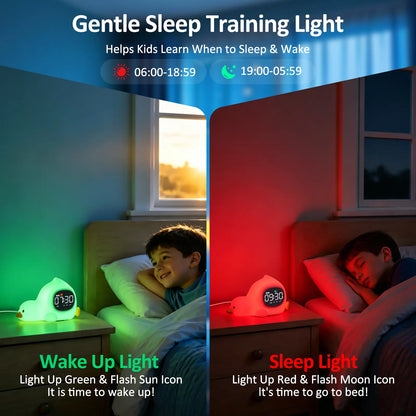 Lying Duck Kids' Sleep Trainer Alarm Clock with Silicone Night Light - Rechargeable Toddler Bedside Clock with White Noise, Dual Alarms & Snooze for Better Sleep
