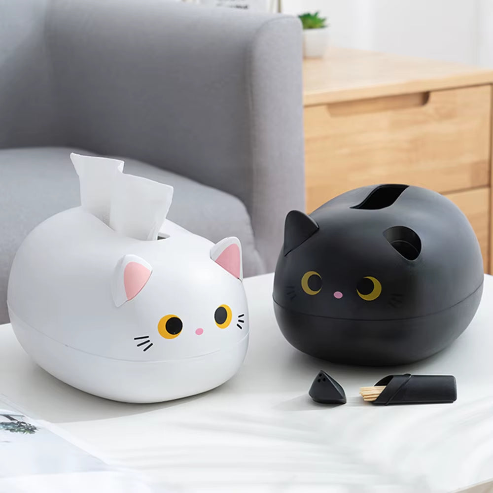 Cute Cat Tissue Box Holder with Toothpick Dispenser - Multifunctional Decorative Tissue Box Cover for Living Room, Dining Table & Office