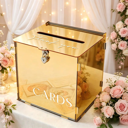 Acrylic Gold Mirror Wedding Card Box with Heart Lock - Elegant Large Gift Card Holder for Weddings, Birthdays, Baby Showers, and Bridal Events