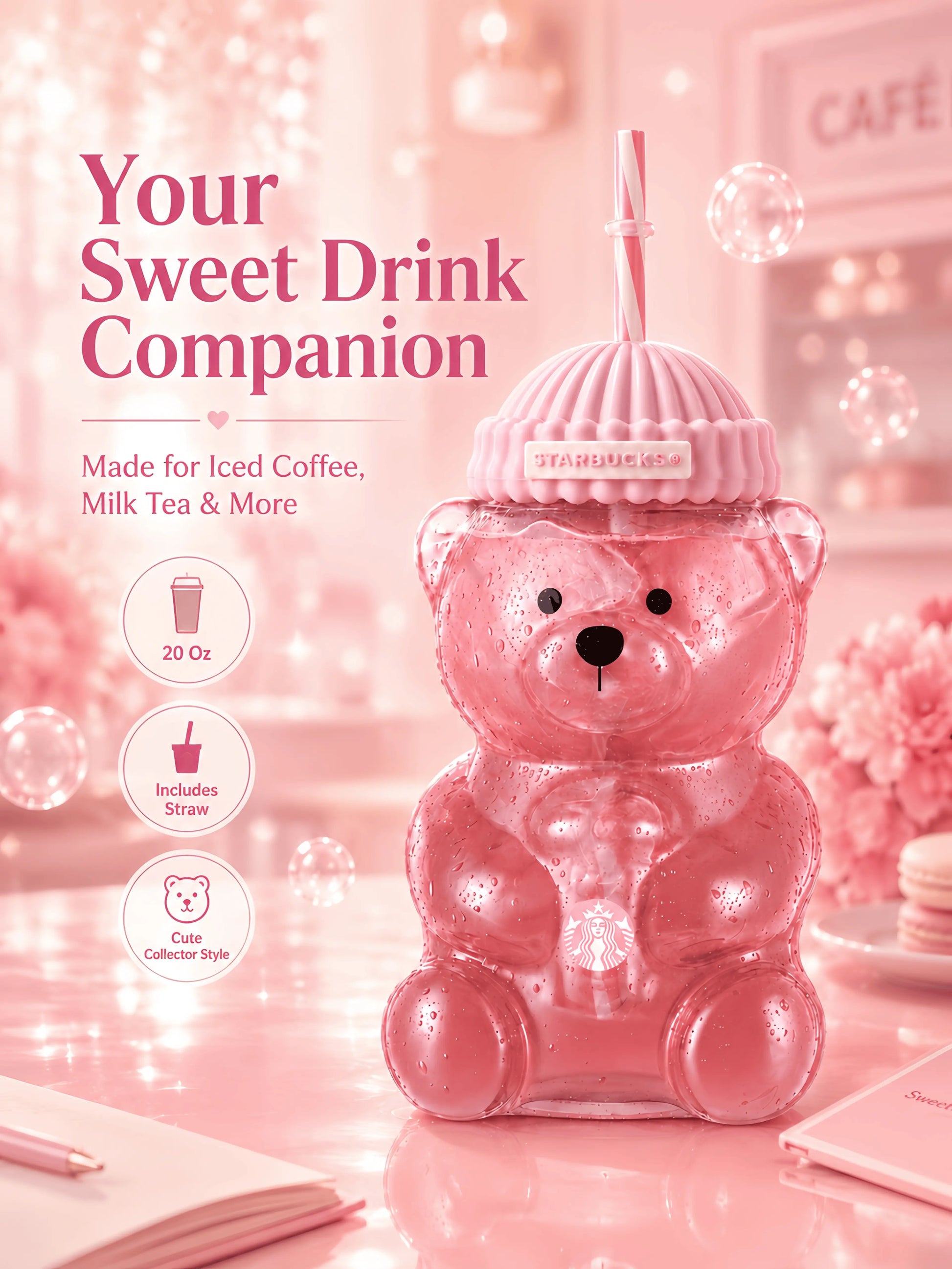 Limited Edition Pink Bear Glass Tumbler (20 oz / 590 ml) - Cute Barista Bear Drinking Cup for Coffee, Tea & Cold Beverages