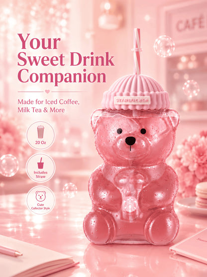 Limited Edition Pink Bear Glass Tumbler (20 oz / 590 ml) - Cute Barista Bear Drinking Cup for Coffee, Tea & Cold Beverages