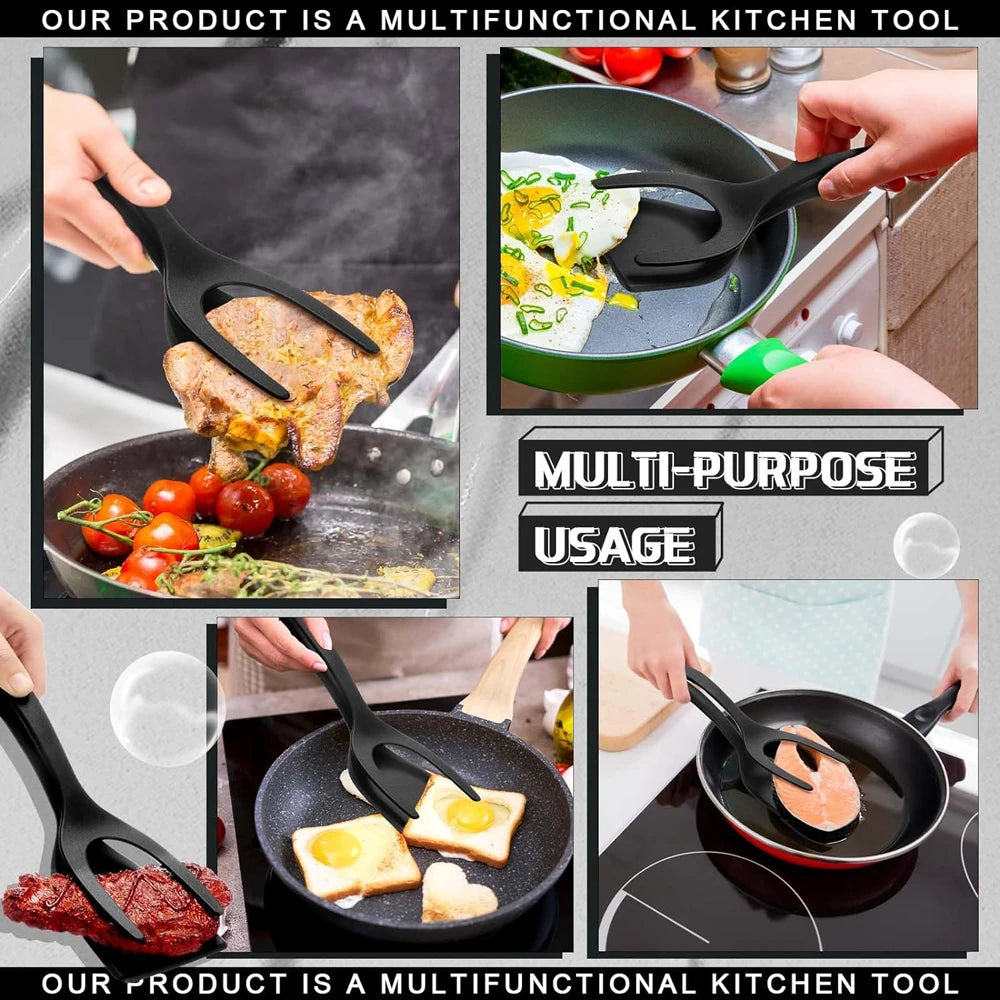 2-in-1 Grip & Flip Spatula Tongs - Non-Stick Nylon Turner for Eggs, Pancakes, Fish, Steak & Omelets