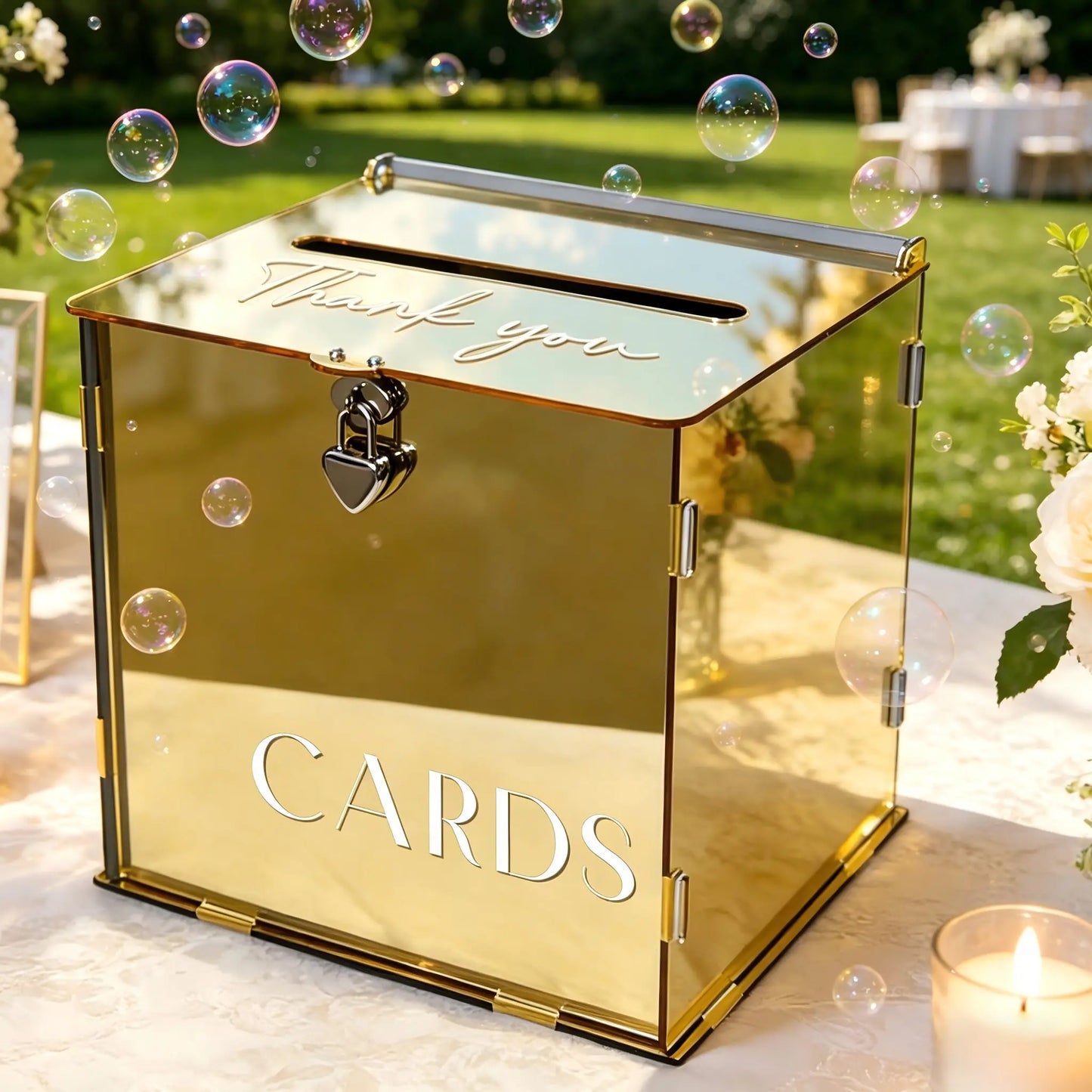 Acrylic Gold Mirror Wedding Card Box with Heart Lock - Elegant Large Gift Card Holder for Weddings, Birthdays, Baby Showers, and Bridal Events