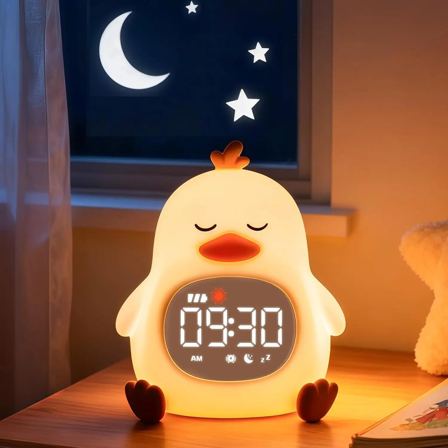 Lying Duck Kids' Sleep Trainer Alarm Clock with Silicone Night Light - Rechargeable Toddler Bedside Clock with White Noise, Dual Alarms & Snooze for Better Sleep