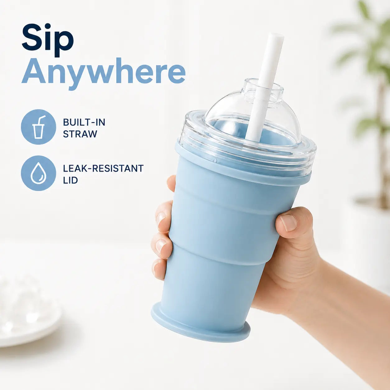 2-in-1 Collapsible Silicone Ice Cup with Built-In Straw - Reusable Ice Ball Mold & Leak-Resistant Travel Tumbler for Iced Coffee, Smoothies & Cold Drinks