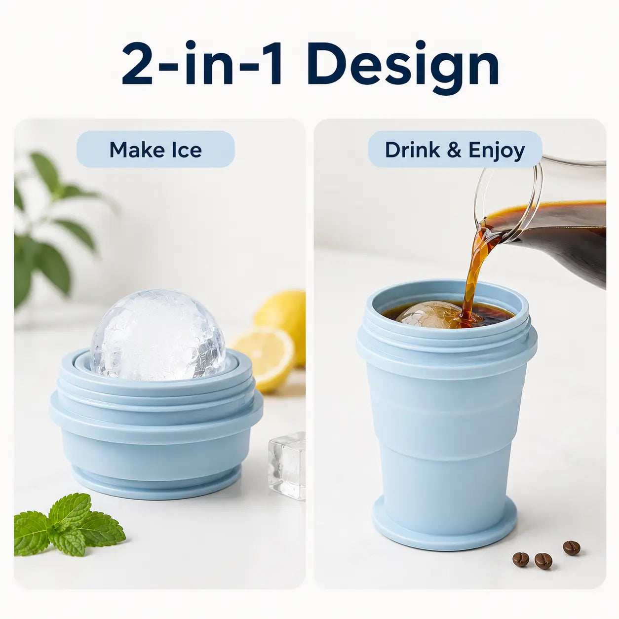 2-in-1 Collapsible Silicone Ice Cup with Built-In Straw - Reusable Ice Ball Mold & Leak-Resistant Travel Tumbler for Iced Coffee, Smoothies & Cold Drinks