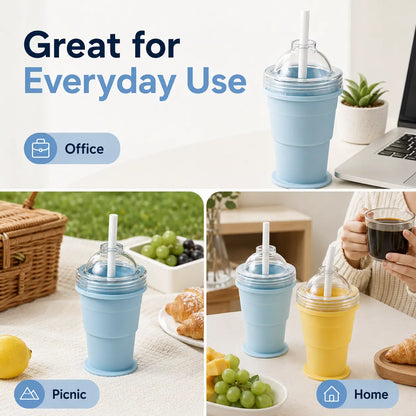 2-in-1 Collapsible Silicone Ice Cup with Built-In Straw - Reusable Ice Ball Mold & Leak-Resistant Travel Tumbler for Iced Coffee, Smoothies & Cold Drinks