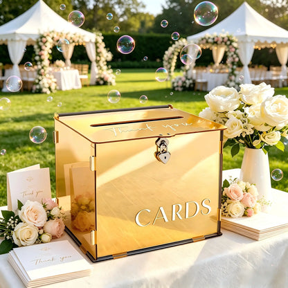 Acrylic Gold Mirror Wedding Card Box with Heart Lock - Elegant Large Gift Card Holder for Weddings, Birthdays, Baby Showers, and Bridal Events