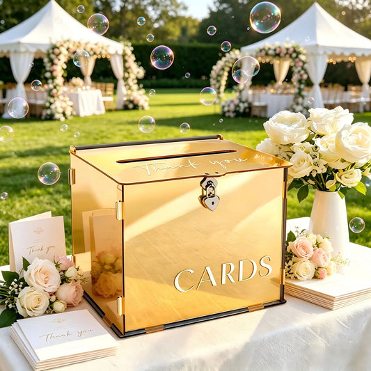 Acrylic Gold Mirror Wedding Card Box with Heart Lock - Elegant Large Gift Card Holder for Weddings, Birthdays, Baby Showers, and Bridal Events