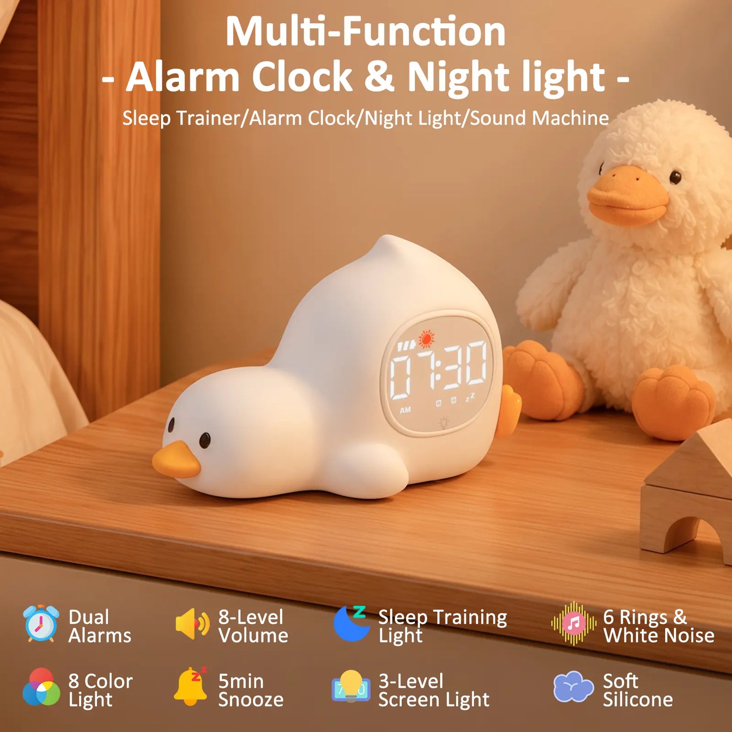 Lying Duck Kids' Sleep Trainer Alarm Clock with Silicone Night Light - Rechargeable Toddler Bedside Clock with White Noise, Dual Alarms & Snooze for Better Sleep