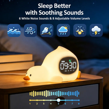 Lying Duck Kids' Sleep Trainer Alarm Clock with Silicone Night Light - Rechargeable Toddler Bedside Clock with White Noise, Dual Alarms & Snooze for Better Sleep