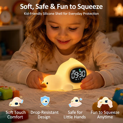 Lying Duck Kids' Sleep Trainer Alarm Clock with Silicone Night Light - Rechargeable Toddler Bedside Clock with White Noise, Dual Alarms & Snooze for Better Sleep