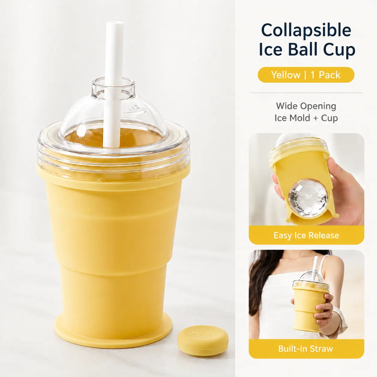 2-in-1 Collapsible Silicone Ice Cup with Built-In Straw - Reusable Ice Ball Mold & Leak-Resistant Travel Tumbler for Iced Coffee, Smoothies & Cold Drinks