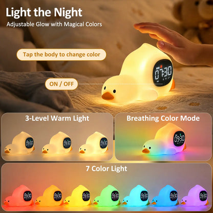 Lying Duck Kids' Sleep Trainer Alarm Clock with Silicone Night Light - Rechargeable Toddler Bedside Clock with White Noise, Dual Alarms & Snooze for Better Sleep