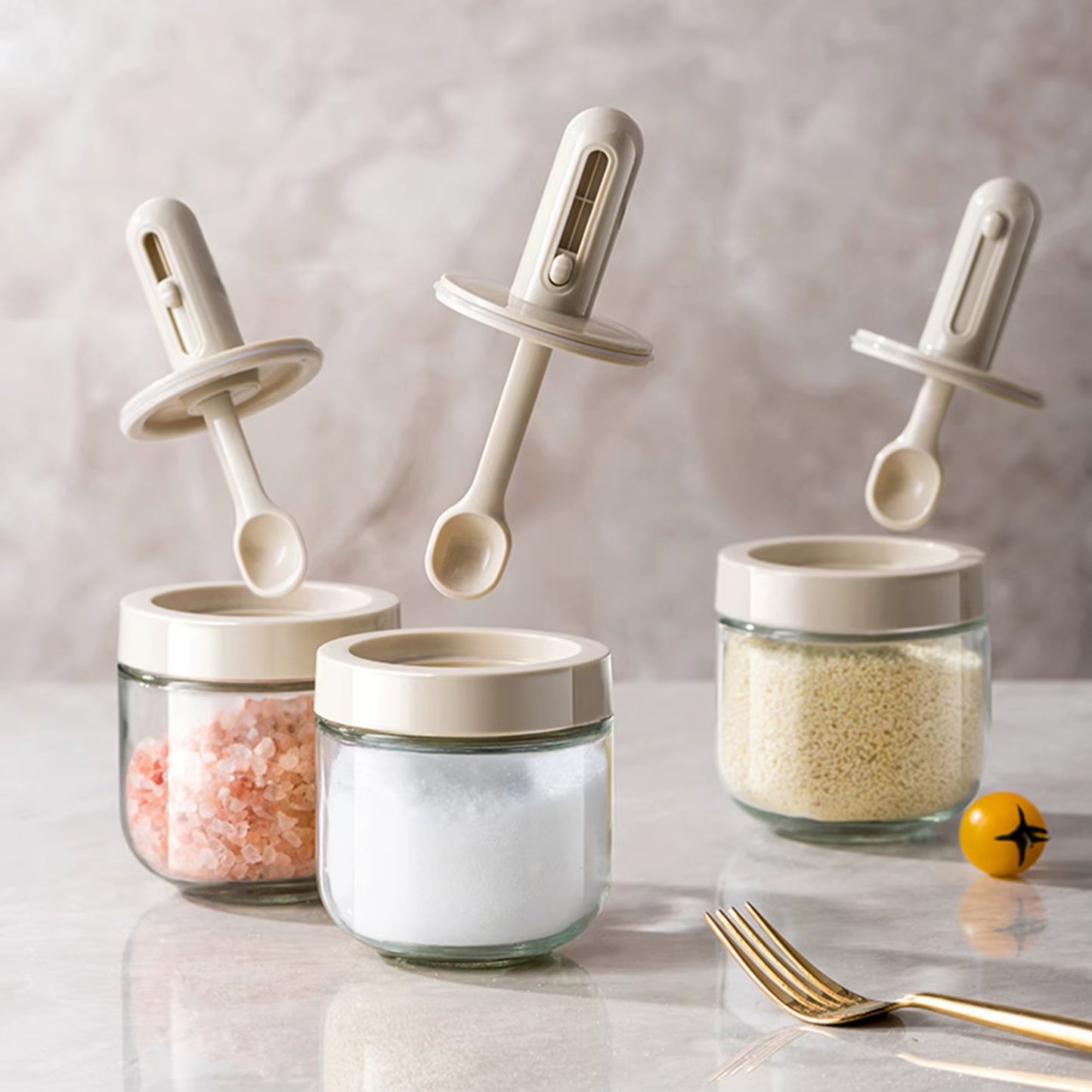 Glass Spice Jar with Lid & Retractable Spoon - Airtight Seasoning Container for Salt, Sugar, Spices & Kitchen Storage