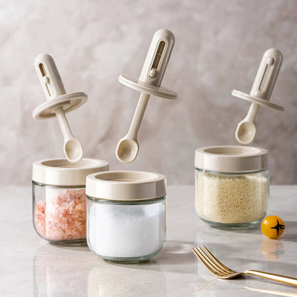 Glass Spice Jar with Lid & Retractable Spoon - Airtight Seasoning Container for Salt, Sugar, Spices & Kitchen Storage