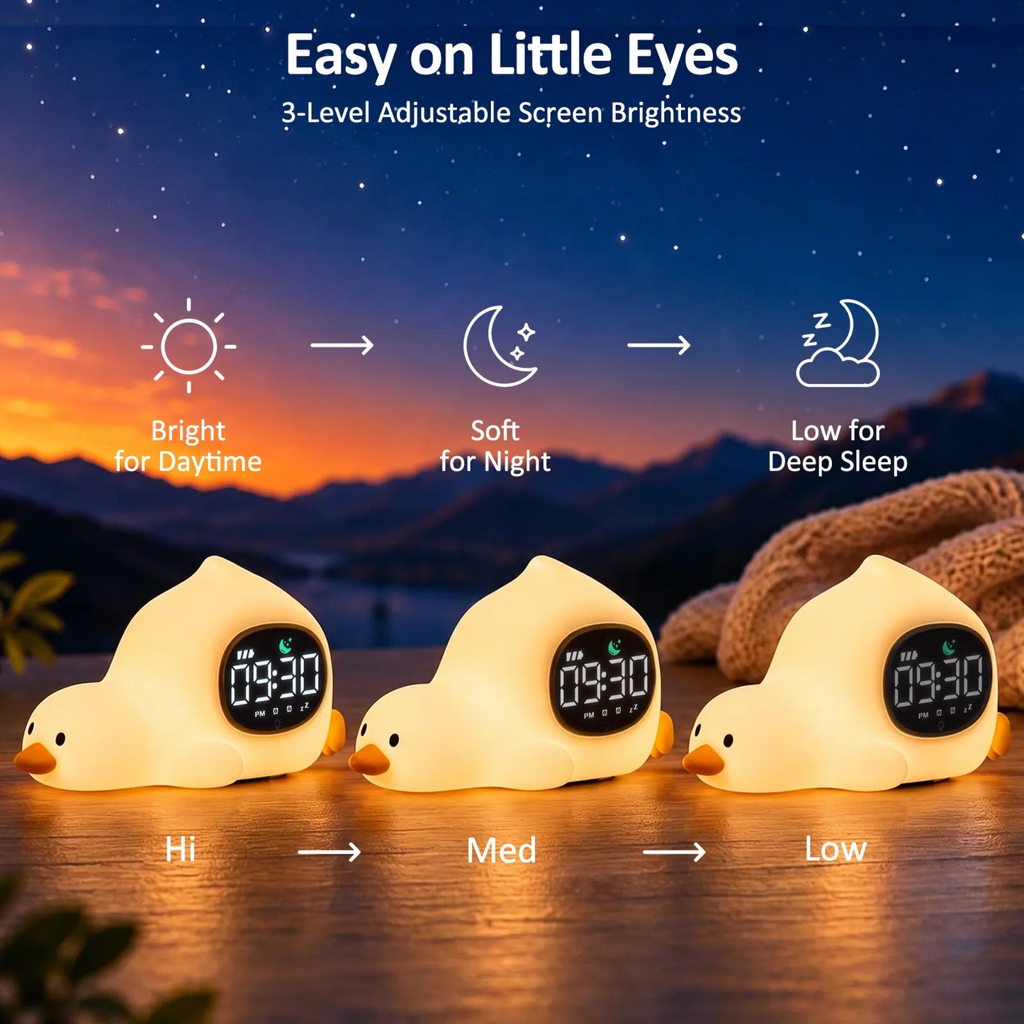 Lying Duck Kids' Sleep Trainer Alarm Clock with Silicone Night Light - Rechargeable Toddler Bedside Clock with White Noise, Dual Alarms & Snooze for Better Sleep