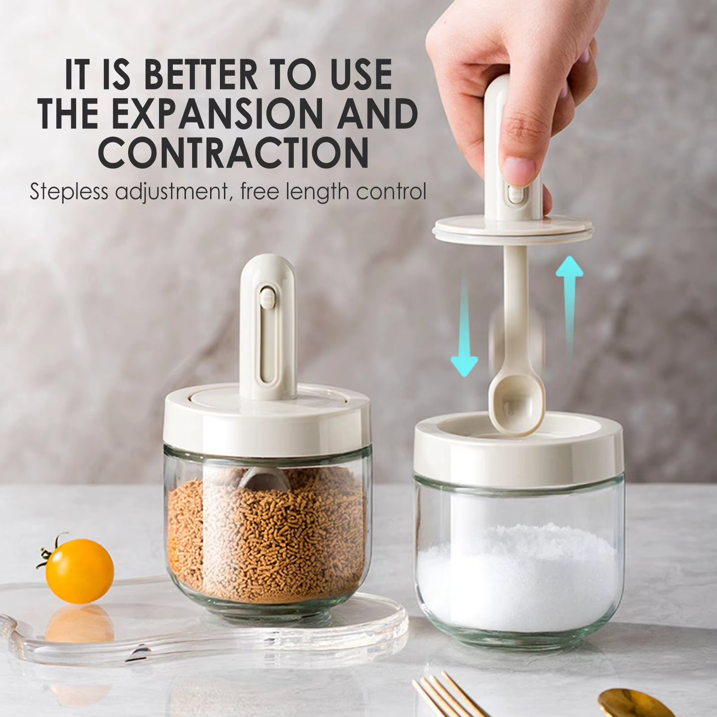Glass Spice Jar with Lid & Retractable Spoon - Airtight Seasoning Container for Salt, Sugar, Spices & Kitchen Storage