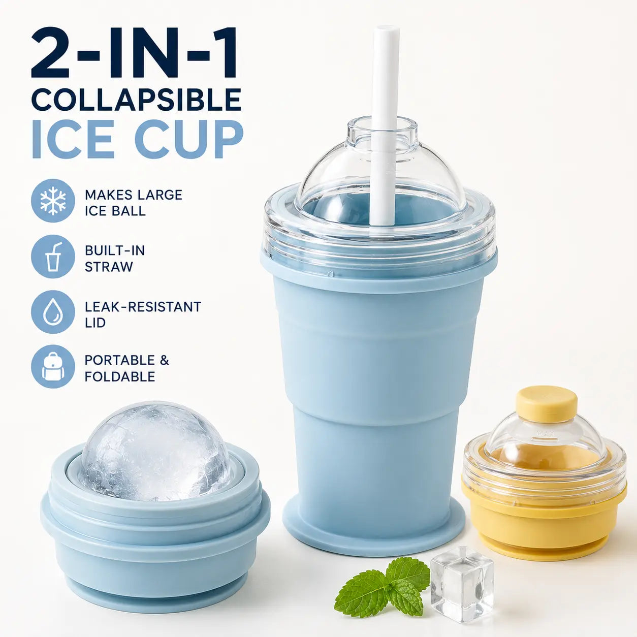 2-in-1 Collapsible Silicone Ice Cup with Built-In Straw - Reusable Ice Ball Mold & Leak-Resistant Travel Tumbler for Iced Coffee, Smoothies & Cold Drinks