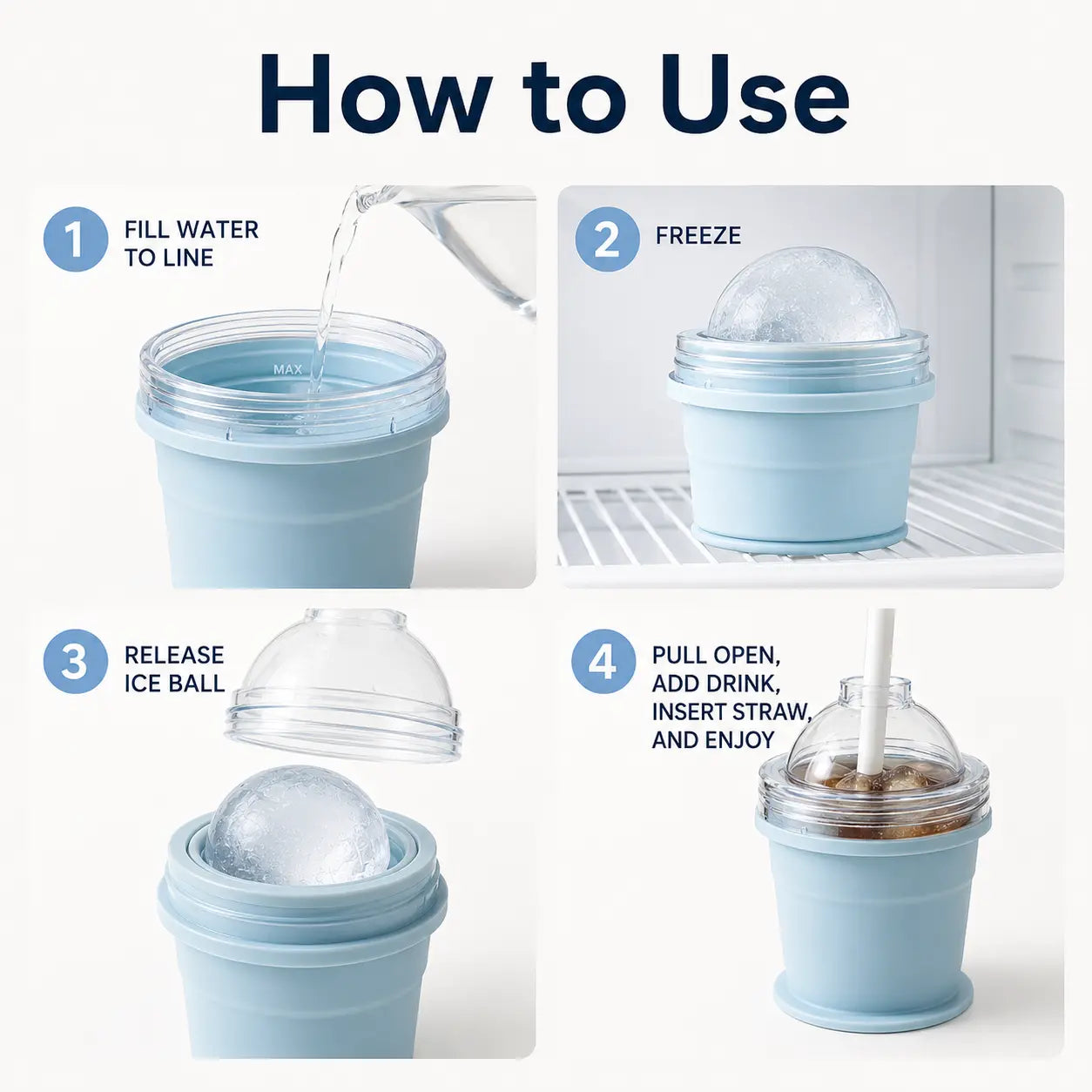 2-in-1 Collapsible Silicone Ice Cup with Built-In Straw - Reusable Ice Ball Mold & Leak-Resistant Travel Tumbler for Iced Coffee, Smoothies & Cold Drinks