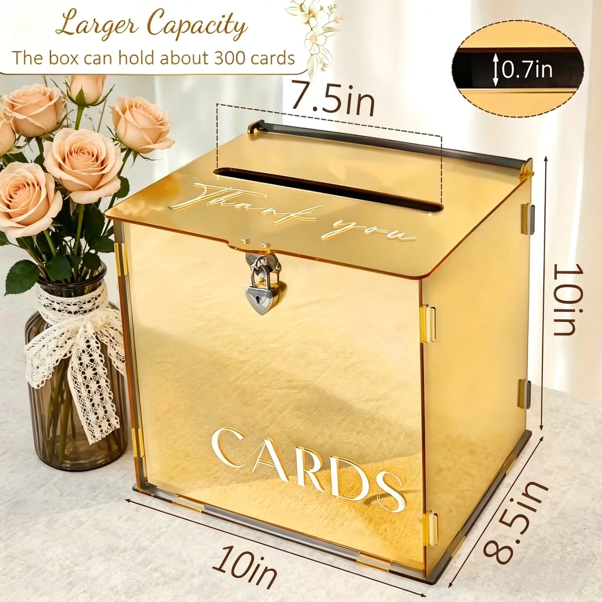 Acrylic Gold Mirror Wedding Card Box with Heart Lock - Elegant Large Gift Card Holder for Weddings, Birthdays, Baby Showers, and Bridal Events