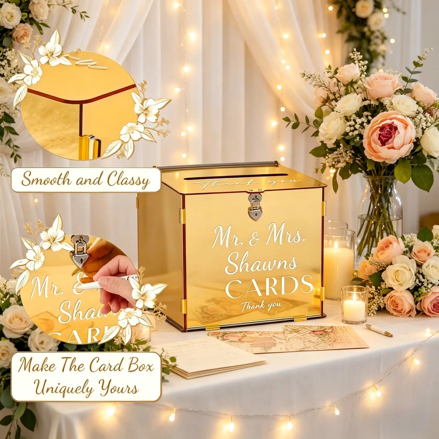 Acrylic Gold Mirror Wedding Card Box with Heart Lock - Elegant Large Gift Card Holder for Weddings, Birthdays, Baby Showers, and Bridal Events