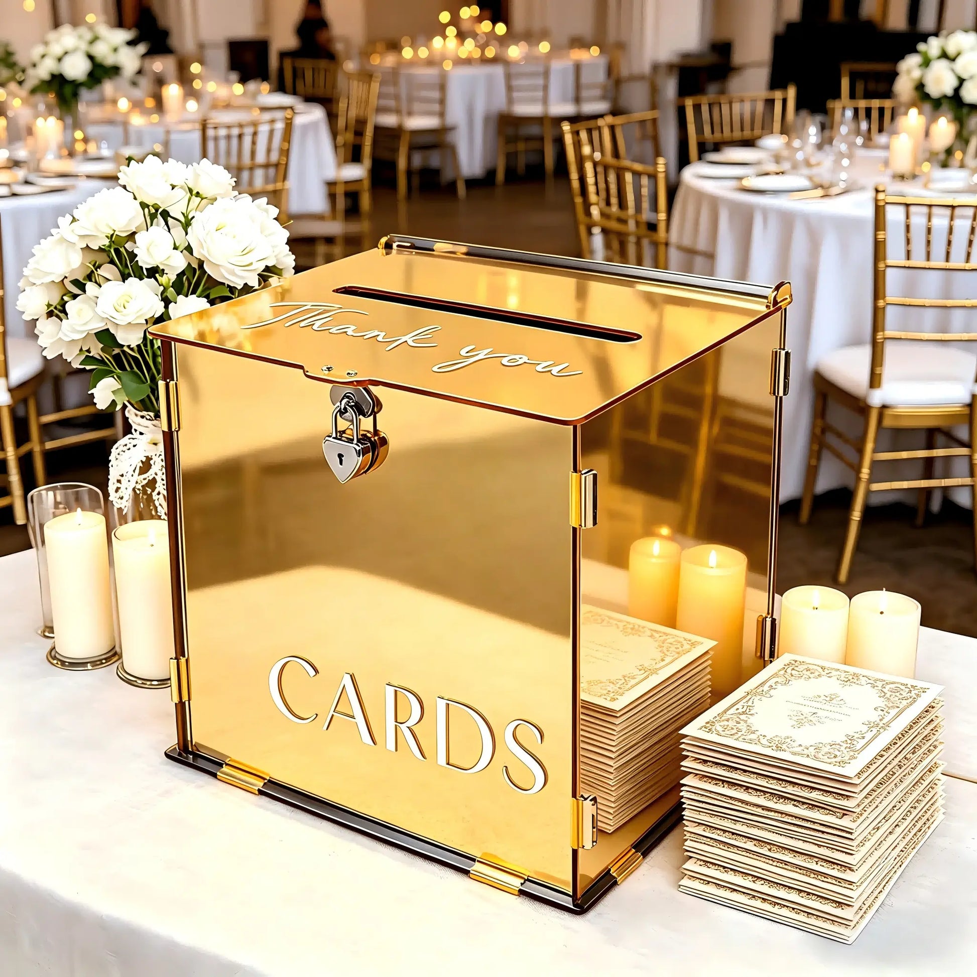 Acrylic Gold Mirror Wedding Card Box with Heart Lock - Elegant Large Gift Card Holder for Weddings, Birthdays, Baby Showers, and Bridal Events