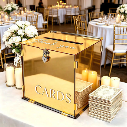 Acrylic Gold Mirror Wedding Card Box with Heart Lock - Elegant Large Gift Card Holder for Weddings, Birthdays, Baby Showers, and Bridal Events